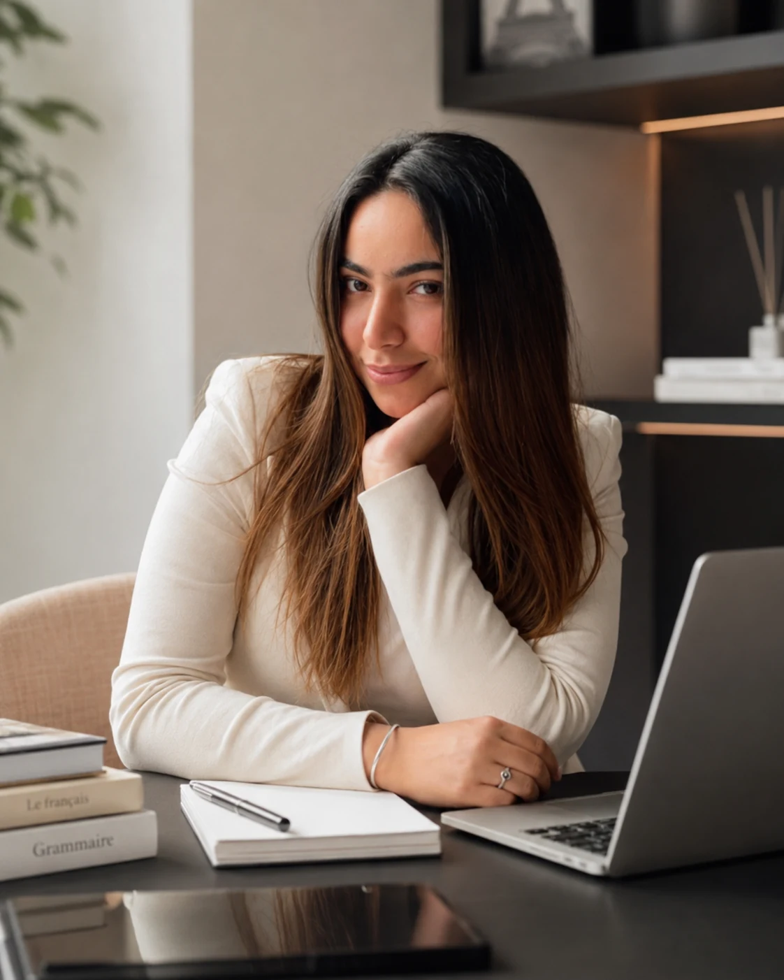 Yana Budhiraja seated at a desk with a laptop and French study books